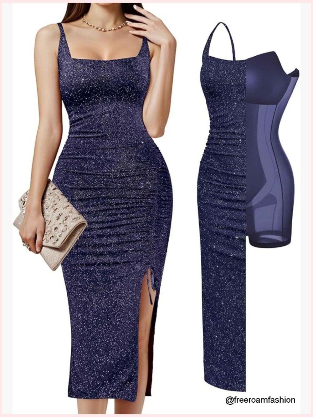 Sparkly Midi Cocktail Dress With Built-In Shapewear, Square Neck, Ruched